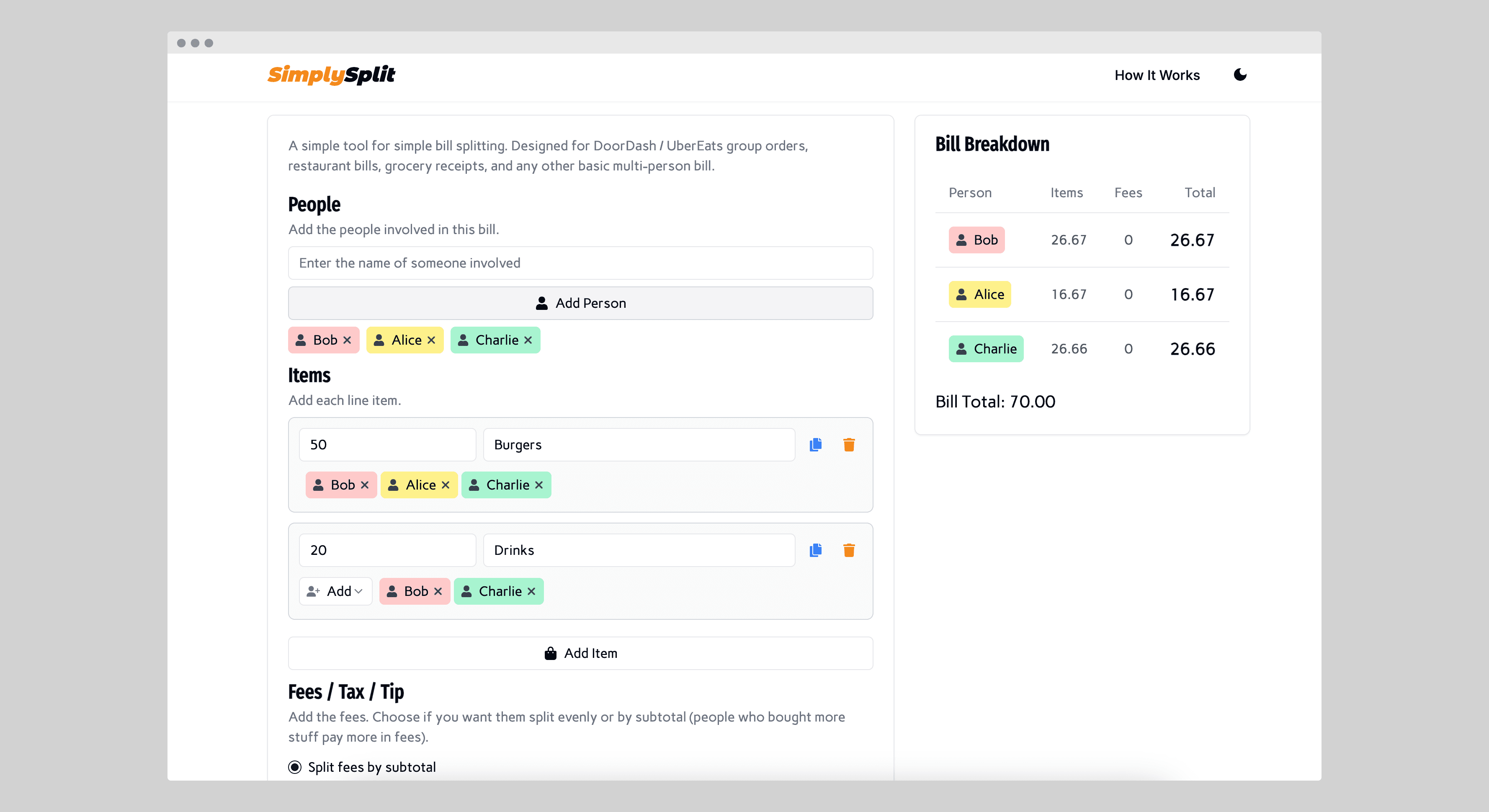 SimplySplit website interface showing itemized bill splitting